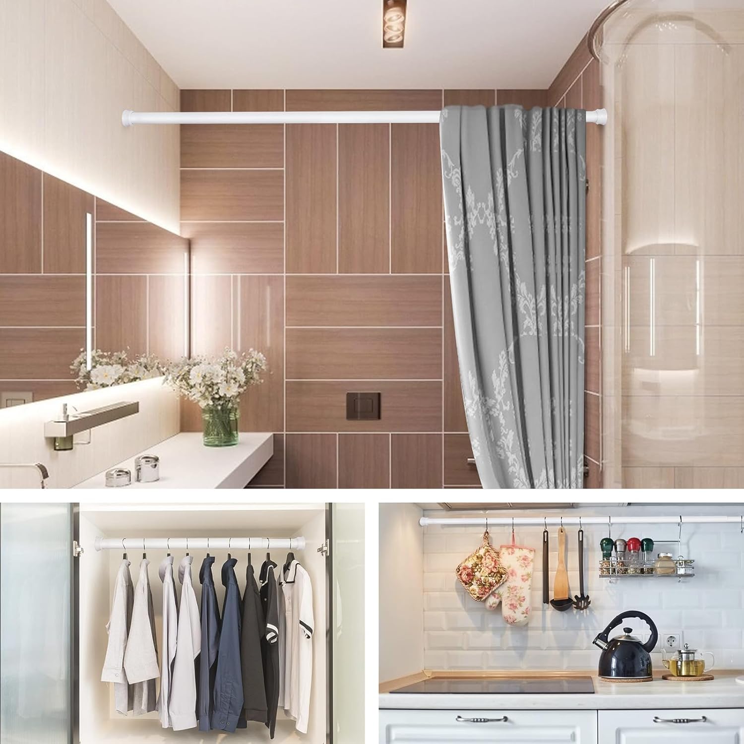 Shower Curtain Rod 56-104 Inch, 1 Diameter Spring Long Adjustable Tension Curtain Rods for Bathroom Windows Closet No Drilling No Rust No Assembly, White